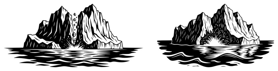 Iceberg floating in arctic ocean with falling ice debris in black and white woodcut style © Anna