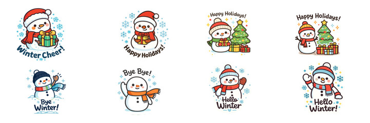 Colorful winter characters bring cheer during the holiday season with gifts and decorations in a festive arrangement