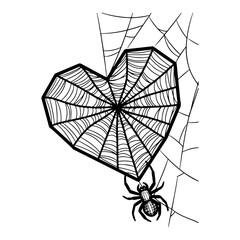 Fototapeta premium Illustration of a spider web formed into a heart shape with a hanging spider