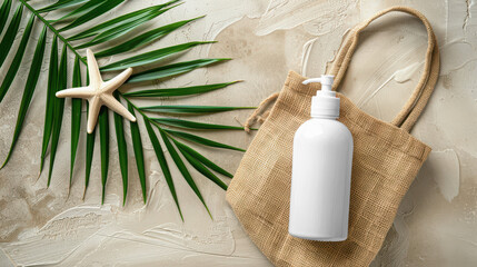 Sunscreen bottle mockup on sandy beach with palm leaf