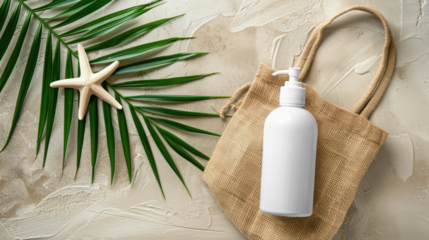 Sunscreen bottle mockup on sandy beach with palm leaf