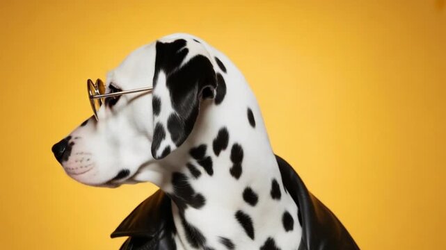 A dalmatian dog wearing glasses and a leather jacket against a vibrant yellow background