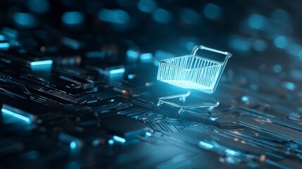 Glowing cart icon superimposed on a technological circuit board, abstract composition suggests online shopping