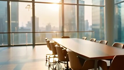 Modern conference room with a large wooden table and chairs overlooking the city skyline through floor-to-ceiling windows during sunrise.