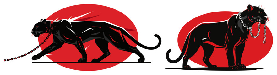 Set of black panthers on chains featuring stalking and standing poses © Anna