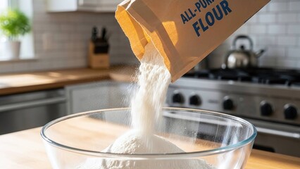 Pouring white all-purpose flour from a paper bag into a glass bowl against a blurred kitchen background, suitable for cooking blogs, recipe websites, bakery advertisements, culinary schools