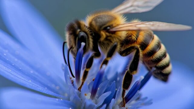 Macro sequence of a honeybee landing on a vibrant blue chicory flower. Detailed closeup of an insect collecting nectar and pollen for honey production in a summer garden