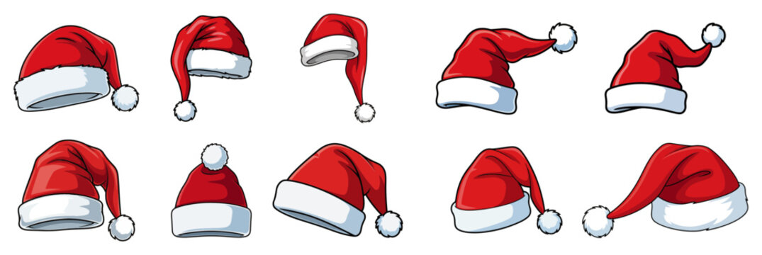 Collection of red santa claus hats with white fur