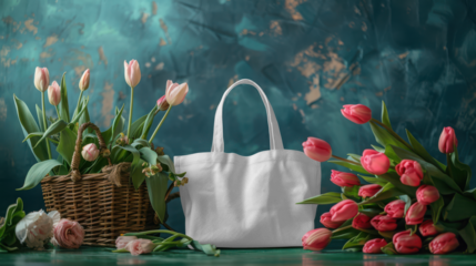 Elegant white handbag mockup surrounded by beautiful tulips