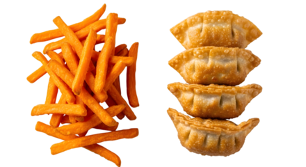 Pile of sweet potato fries next to stacked fried dumplings isolated on transparent background