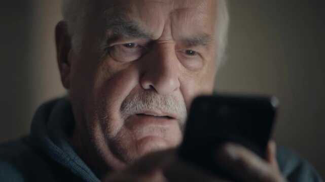 Elderly caucasian man squinting at his smartphone screen with a confused expression. Senior person having difficulty using modern technology or reading something online