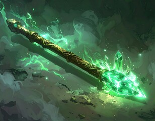 Illuminated, elaborately carved wooden staff with a glowing green crystal spear tip, surrounded by swirling energy