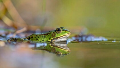 Green frog swimming in pond with a blurred background and its reflection visible in the water