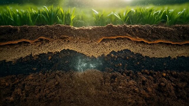 Lush green plants growing in fertile farmland with a visible cross section of the soil profile. A concept of agriculture, geology, and the foundation of healthy plant growth