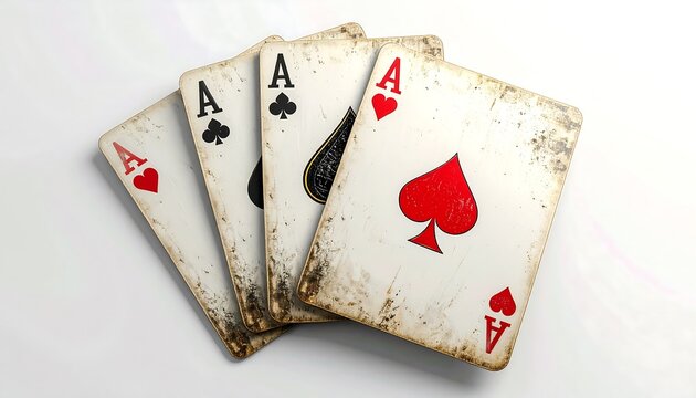 Four aged ace cards are fanned out on a white surface, showcasing hearts, clubs, spades, and diamonds