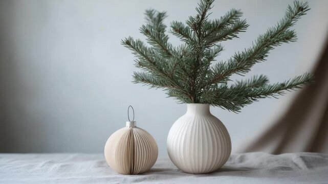 Minimalist Christmas decorations on a tabletop. Simple ceramic vase and ornament with a pine cone wreath.