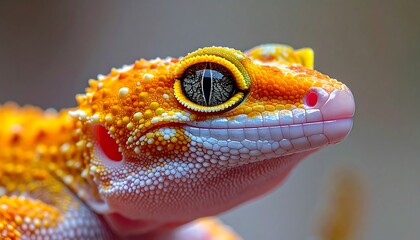 Gecko close-up orange & white spotted skin, captivating eye detail, pink nose, soft focus backdrop