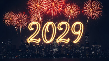 Fireworks explode in the night sky over a cityscape to celebrate the new year 2029 with vibrant displays of light and color.