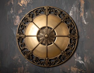 Ornate golden ceiling medallion against a dark, textured wall, featuring intricate floral designs and radial symmetry