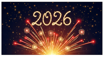 Vibrant fireworks explosion with 2026 written in gold sparks against a dark night sky