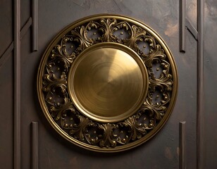 Ornate golden circular disc attached to dark, textured door with linear designs