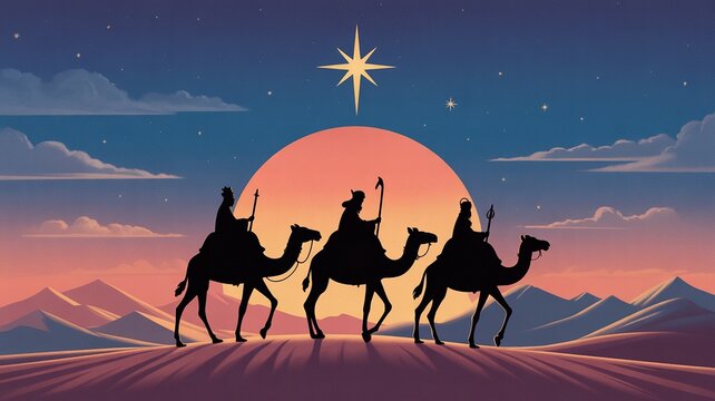 Shilouette der heiligen drei K&ouml;nige auf ihren Kameln, sie folgen dem Stern von Bethlehem
