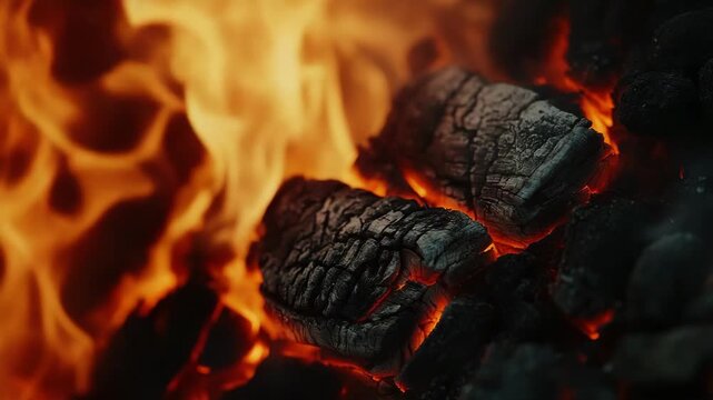 A pile of coal burning with intense flames and smoke rising from it.