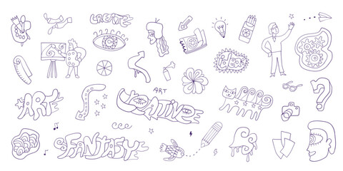 Art tools doodles , funny creative sign and symbol drawings vector collection
