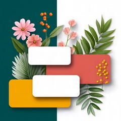 Colorful floral arrangement with vibrant flowers and green leaves, featuring three blank rectangular shapes for text, ideal for creative design and marketing purposes