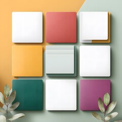Colorful square mock up arrangement on a pastel background, featuring various shades and textures, ideal for design projects and creative presentations