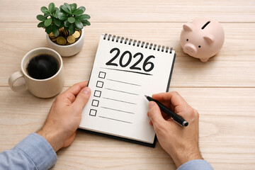 2026 New Year financial resolutions and business goals, hands writing in notebook near piggy bank and plant on desk.