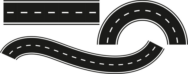 vector illustration of a road. City street road seamless elements set. Roads parts pieces builder : straight, curved, crossing, roundabout. © Unrivalled Styles