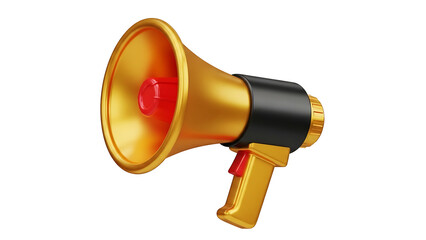 Golden megaphone with red button on transparent background