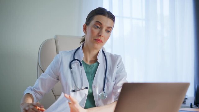Online medical consultant discussing patient health listening complains closeup