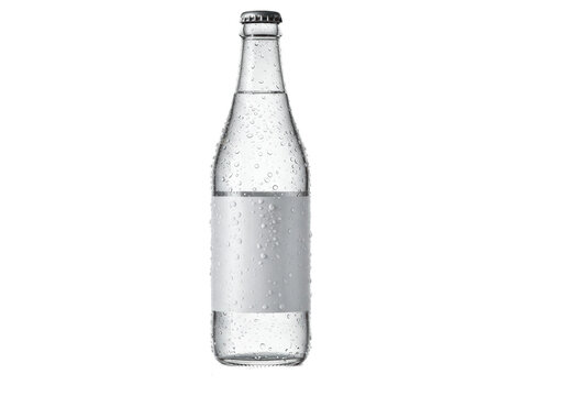 Pristine, intensely chilled clear glass bottle with macro condensation and blank mockup labels, isolated on a seamless reflective white background. Concept for beverage advertising