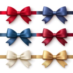 Colorful satin bows in red, blue, and gold arranged on ribbons, showcasing various styles and textures, perfect for gift wrapping and festive decorations
