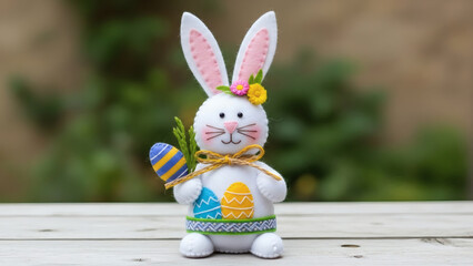 Cute felt Easter bunny decoration with colorful eggs and flowers, outdoors on a table