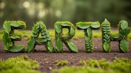 Creative lettering of the word EARTH using moss and clover on a forest floor representing sustainability.