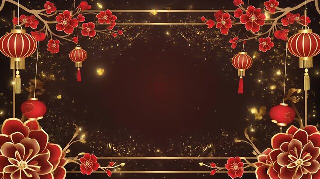 Luxurious red and gold festive celebration background with hanging lanterns blossoming flowers and falling confetti
