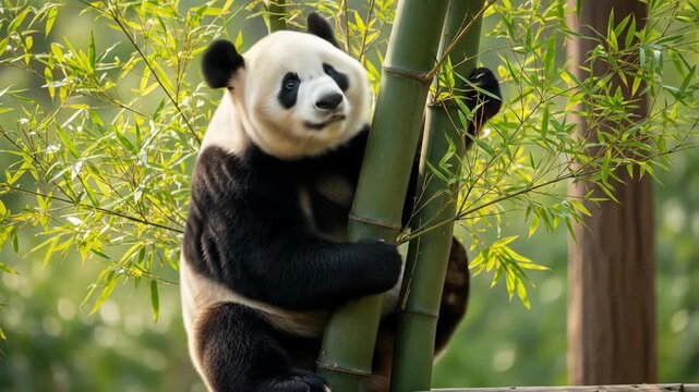 Giant panda in bamboo forest, cute animal hugging bamboo stalks in its natural habitat, charming