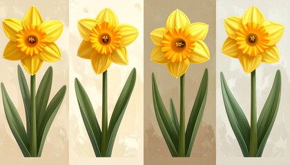 Four bright yellow daffodil flowers stand side-by-side against vertically oriented tan-colored backgrounds