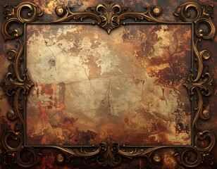 Ornate golden frame surrounds a textured, weathered background with mottled browns and tans, suggesting antiquity