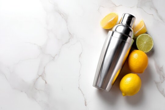 Silver cocktail shaker and vibrant fresh lemons, limes lie on pristine white marble surface, ready for delicious drinks, copy space
