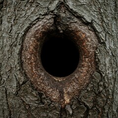 Close up of a dark, round nest hole carved into the rough bark of an old forest tree trunk, waiting for a bird or small creature to move in ,wood ,breeding ,bird hole