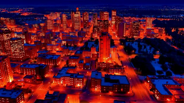 Aerial thermal view of a city heatwave showing hot roads and buildings glowing red while parks stay cool blue revealing urban heat islands