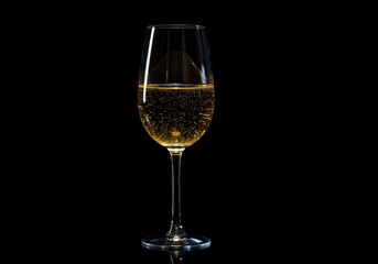 Elegant crystal flute filled with sparkling beverage against a deep, dark black backdrop. High contrast luxury and celebratory drink image ,black ,sparkling ,beverage
