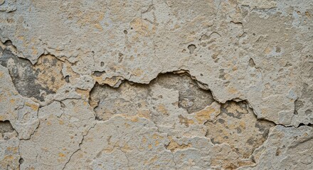 Obraz premium Extreme close-up of an aged plaster wall featuring numerous deep fissures, peeling paint, significant structural damage, and heavy texture ,crack ,pattern ,structure