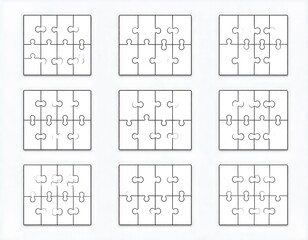 Nine puzzle grids, each square missing one piece. Neutral background and clean white space create minimalist design