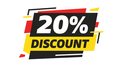 A vibrant graphic banner featuring a 20% discount offer in bold white text on a black background, with dynamic red and yellow geometric shapes.