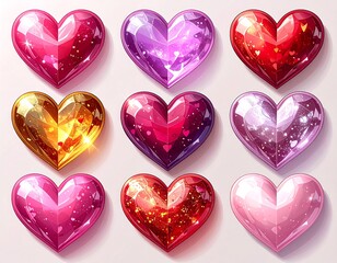 Nine colorful, stylized, faceted, glossy hearts are arranged in a 3x3 grid on a light beige background